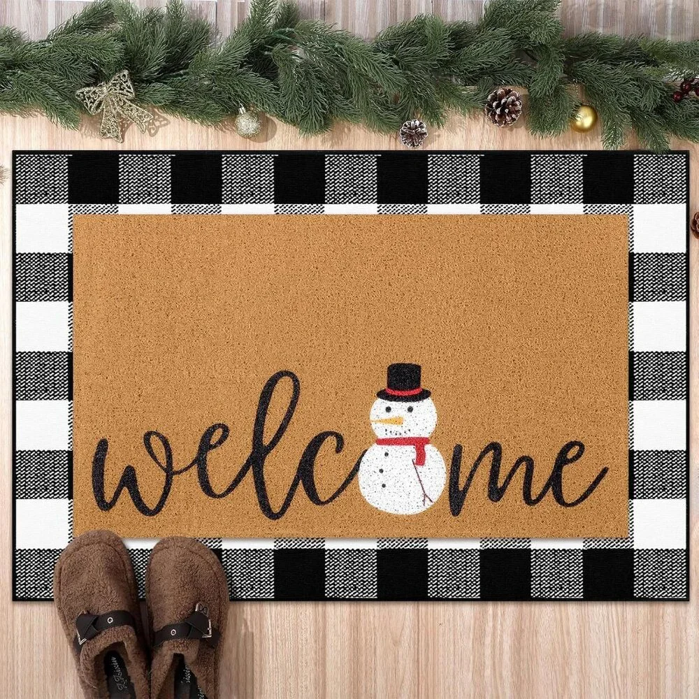 Elegant 2-Piece Doormat Set: Snowman and Buffalo Plaid - Indoor/Outdoor Charm
